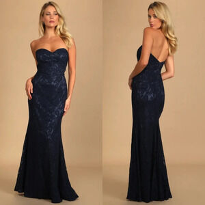 Lulus Wow the Crowd Navy Blue Lace Strapless Mermaid Maxi Dress S Wedding Party